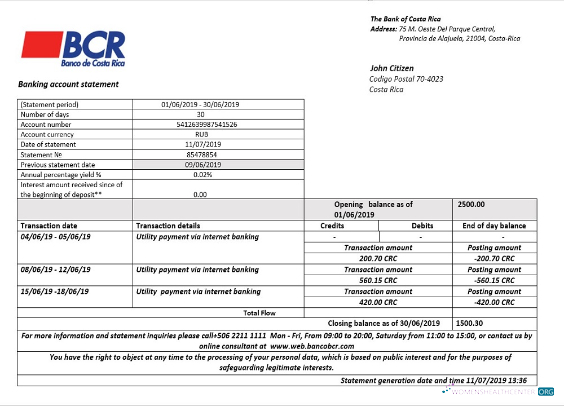 Download Costa Rica The Bank of Costa Rica bank statement word
